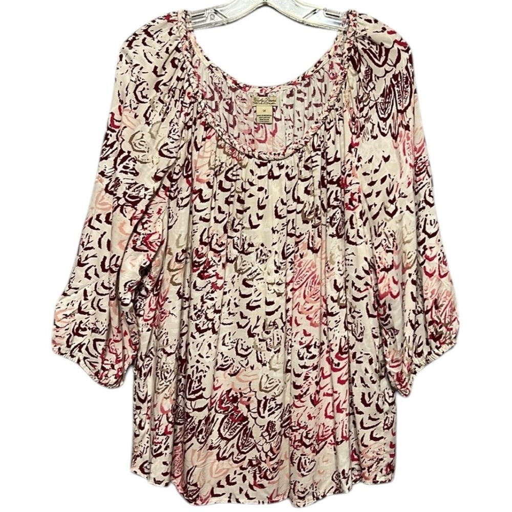 Lucky Brand Boho Abstract Geo Peasant Top 1X Pink Ivory Burgundy